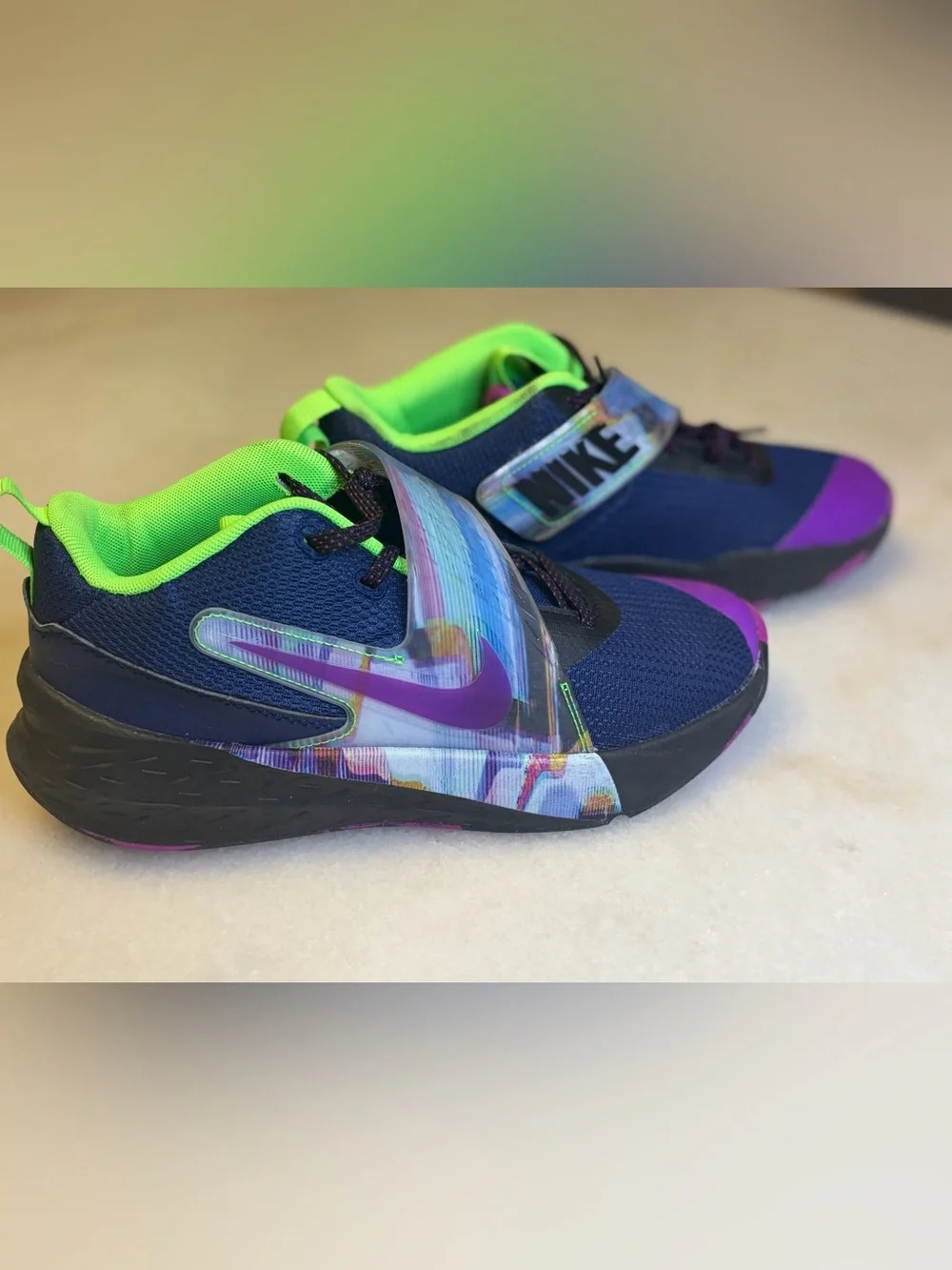 Nike Kids Navy & Purple Sneakers with Neon Green Lining